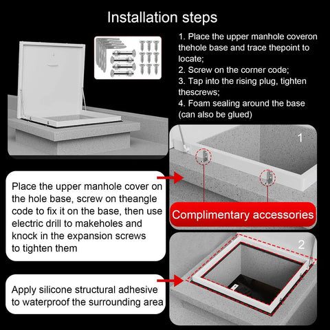 Heavy Duty Roof Access Hatch With Weatherproof Aluminum Frame And Galvanized Steel Plate, High Security Roof Skylight Door For Maintenance, Industrial Cellar Doors For Factories, Warehouses, Workshops, And Lofts, White installation steps