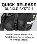 Aero Wedge Pack Small Strap Mount Seat Bag For Tubes And Tools Built For Cyclists With Reflective Trim, showing quick release system