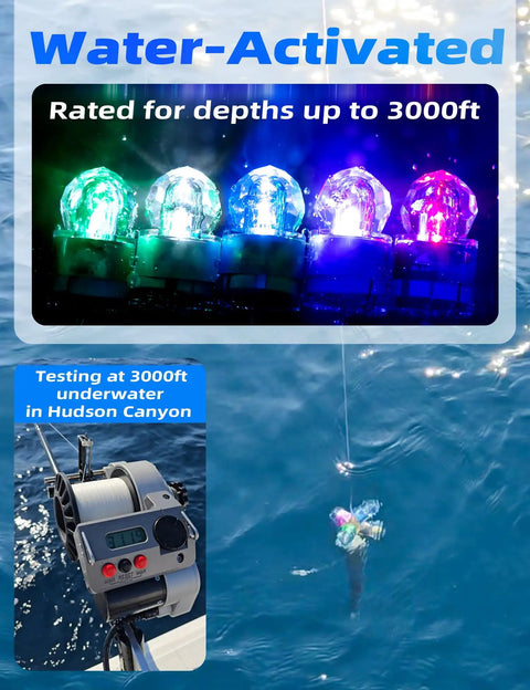 Two Pack Deep Drop Water Activated LED Fishing Lamp For Swordfish Deep Sea Angling 10mm LED Beads glowing underwater at 3000ft