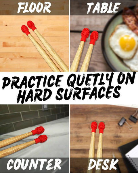 Silicone Drumstick Dampeners Replace Pads Quiet Practice Mute Tips 4 Pack on different surfaces for silent drumming.