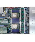 Inside view of a dual Xeon Gold 6230 server with 768GB DDR4 RAM and multiple NVMe storage drives.