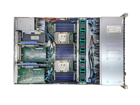Inside view of a dual Xeon Gold 6230 server with 768GB DDR4 RAM and multiple NVMe storage drives.
