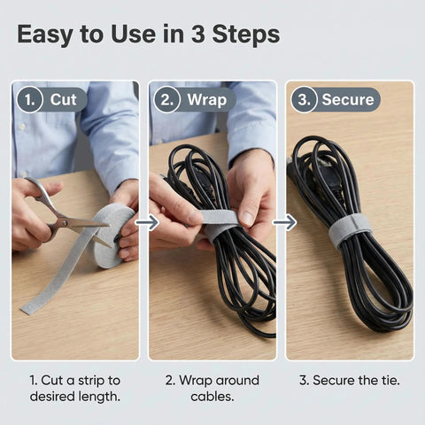 Adjustable Reusable 5M Hook and Loop Cable Ties for Quick Cord Management securing cables in three steps, cut wrap secure.