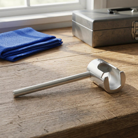 Heavy Duty Steel Fire Sprinkler Wrench For Concealed Heads Anti Grip Handle on wooden workbench with blue cloth and toolbox.