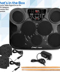 Compact Electronic Digital Drum Kit With Eight Responsive Pads And Kick Pedal Dropping Six Hundred Top Shelf Sounds Usb Midi Integration And Silent Headphone Mode For Night Owl Beat Makers featuring tabletop design, sticks, and foot pedals.