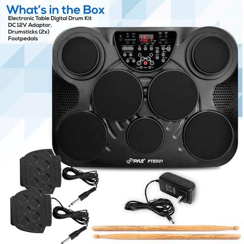 Compact Electronic Digital Drum Kit With Eight Responsive Pads And Kick Pedal Dropping Six Hundred Top Shelf Sounds Usb Midi Integration And Silent Headphone Mode For Night Owl Beat Makers featuring tabletop design, sticks, and foot pedals.
