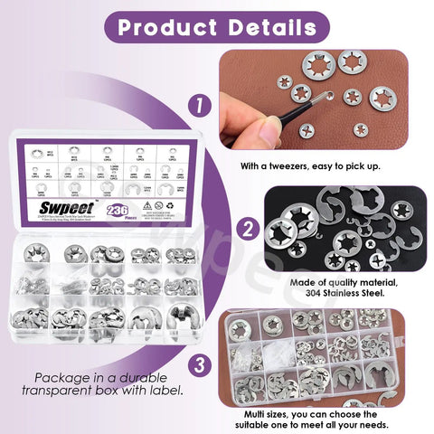 236 Piece 304 Stainless Steel E Clips And Internal Tooth Lock Washers Kit With Tweezers For Gear Repair in labeled box details