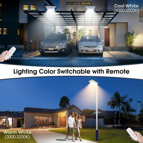 Dual Color Solar Street Light With Remote Dimmable 6000K Cool White And 3000K Warm White Dusk To Dawn Aluminum Flood Light With Motion Sensor For Driveways Paths Gardens And Parking Lots Easy Install