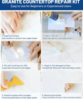 Steps for using granite countertop repair kit with white paste and color gels for tile, marble, and granite repair