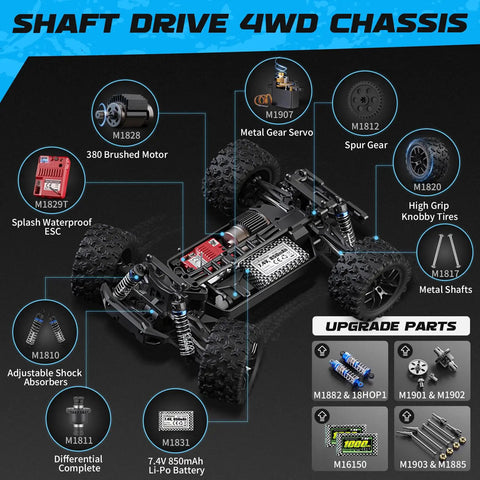 All Terrain 1 To 18 Scale RC Truck 4WD Waterproof Off Road Vehicle with detailed view of chassis and components