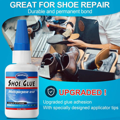Heavy Duty Shoe Repair Glue For Boots, Sneakers, Heels And Sandals, 30g, Tough As Nails Adhesive For Sole Repairs bottle with shoes