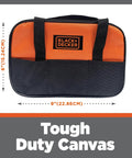 Black and orange canvas tool bag from Junior Tools Set In Sturdy Tool Bag With 13 Pieces For Kids Realistic Builder Kit.