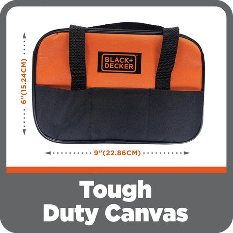 Black and orange canvas tool bag from Junior Tools Set In Sturdy Tool Bag With 13 Pieces For Kids Realistic Builder Kit.