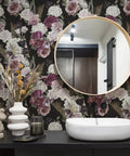 Dark Floral Peel And Stick Wallpaper Roll 24x354 Inches Black Background With White Purple Pink Roses Wall Mural in modern bathroom