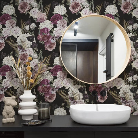 Dark Floral Peel And Stick Wallpaper Roll 24x354 Inches Black Background With White Purple Pink Roses Wall Mural in modern bathroom