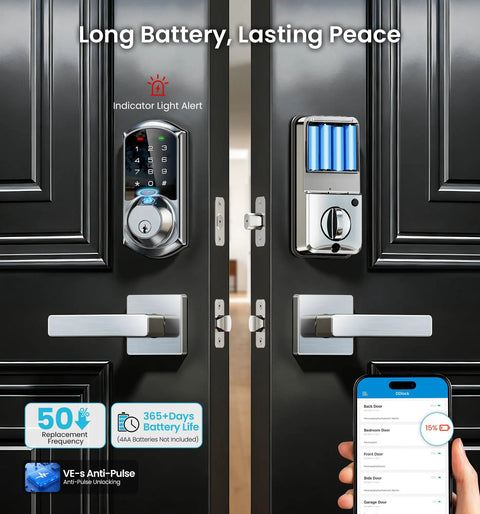 Heavy Duty Fingerprint Smart Deadbolt Lock Equipped With Direct Phone App Access And Portable Key Fobs Styled In Sleek Satin Nickel For Zero Stress Keyless Entry And Knockout Front Porch Protection