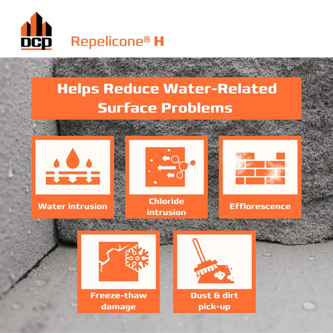Real Deal Penetrating Concrete Sealant For Driveways And Garage Floors Top Shelf Water Based Silane Siloxane Repellent icons showing surface issues.