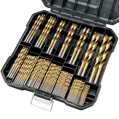 99 Piece Drill Bit Set With Titanium Coated HSS Twist Bits For Metal Wood Plastic Aluminum Copper Iron 1/16 To 3/8 Inch Includes Hard Storage Case 135 Degree Tips Pro Grade open view.