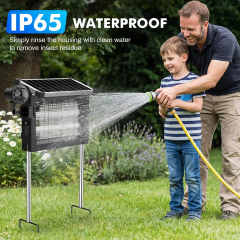 Child and adult using hose to clean 2 In 1 Water Wave Projector And Mosquito Zapper For Outdoors, Cordless 4500V Electric Bug Killer With 4000mAh Battery, Waterproof Insect Zapper For Patio Garden Backyard, Covers Up To 2100 Sq Ft outdoors.