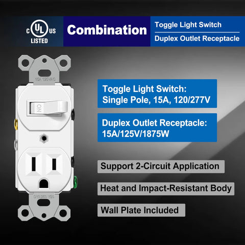 Two Pack Combo Toggle Light Switch And Duplex Outlet, Single Pole Wall Switch With Grounded Receptacle, 15 Amp 125V, White