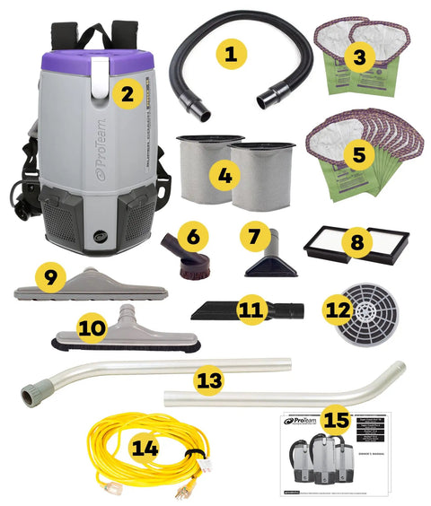 ProTeam Super Coach Pro 6 Backpack Vacuum With ProLevel Filtration And Heavy Duties Restaurant Tool Kit Lightweight Commercial Cleaning Powerhouse For Hard Surfaces Carpet High Low Areas Save Time Effort