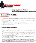Instructions for Rockstone Power Step Up/Down Voltage Transformer Converter for 110V to 220V Conversion with safety tips.
