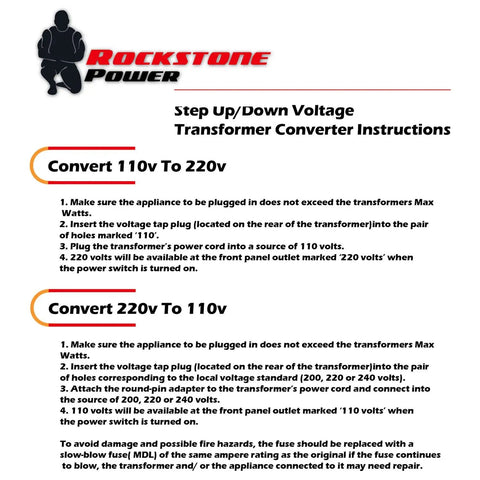 Instructions for Rockstone Power Step Up/Down Voltage Transformer Converter for 110V to 220V Conversion with safety tips.