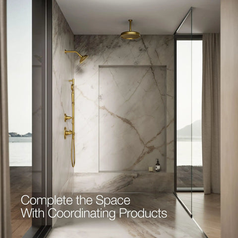 Modern bathroom with Artifacts Single-Function Handshower With 1.75 GPM Flow, Katalyst Air-Induction, and Vibrant Brushed Moderne Brass Finish.
