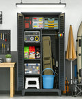 73 Inch Tall Metal Tool Storage Cabinet That Fires Up Your Shop With Roomy Garage Like Organization Space For Workshop Warehouse Garden Office Living Room And Utility Room Built Tough From Rust Resistant Steel With Adjustable Shelves Lockable. Open steel tool cabinet with shelves, pegboard, and stored gear in a workshop.