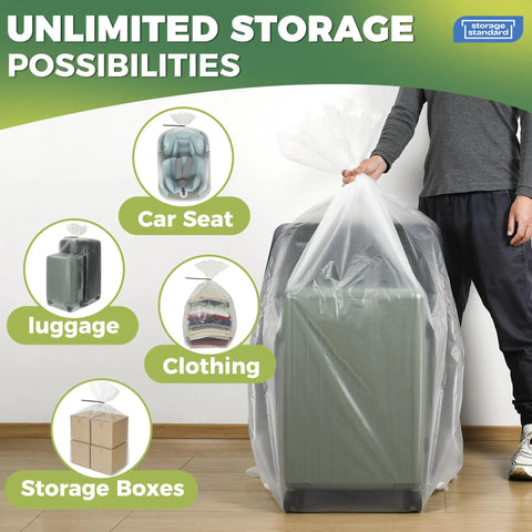 Person using Big Clear Storage Bags Six Pack Extra Large 40 By 60 Inches Waterproof See Through Plastic Bags With Zip Ties Heavy Duty Cover