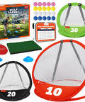 Golf Chipping Practice Net Set With Three Target Nets In Small Medium Large, Indoor Outdoor Backyard Hitting Mat, 20 Practice Balls, Tee Box, And Chipping Game For Men displayed on grass soft chipping mat with colorful practice balls around nets.