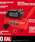 No Nonsense 10 Gallon Electric Air Compressor With Wheels 175 Psi Max Push 1 8 Hp Oil Free Motor Dead Quiet Setup showing easy connect coupler.