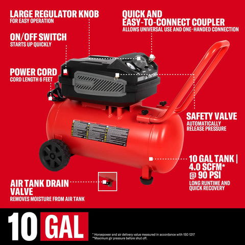 No Nonsense 10 Gallon Electric Air Compressor With Wheels 175 Psi Max Push 1 8 Hp Oil Free Motor Dead Quiet Setup showing easy connect coupler.