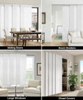 Hella Soft And Totally Sleek 4 Pack Panel Track Blind Replacement Fabric Offering No Sweat Window Upgrades With Seamless Light Filtering And Premium Semi Sheer Polyester Coverage displayed over sliding doors and large windows.