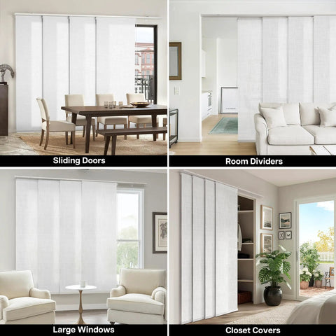 Hella Soft And Totally Sleek 4 Pack Panel Track Blind Replacement Fabric Offering No Sweat Window Upgrades With Seamless Light Filtering And Premium Semi Sheer Polyester Coverage displayed over sliding doors and large windows.