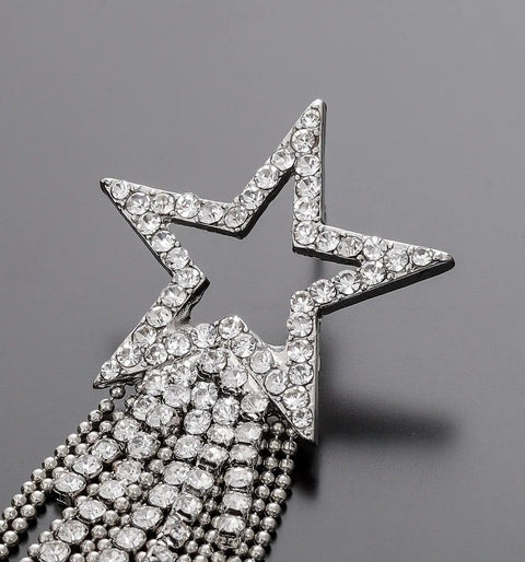 Silver Tassel Earrings With Hollow Star Stud And Pave Crystal Dangle Double Layer Beaded Fringe Boho Waterfall Drop Earrings For Everyday Shine Great For Day To Night Wear And Boho Chic Styling. close-up of silver star stud with crystal fringe