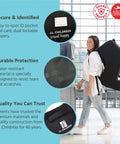 Woman carrying fully padded infant car seat travel bag for airplane trips fits most car seats gate check ready AirTag compatible durable black cover