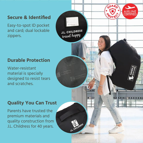 Woman carrying fully padded infant car seat travel bag for airplane trips fits most car seats gate check ready AirTag compatible durable black cover