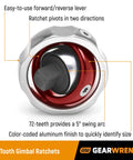 Three Eighths Inch Drive 72 Tooth Gimbal Ratchet Built For Tight Spots With Five Degree Swing Arc And Anodized Aluminum Finish