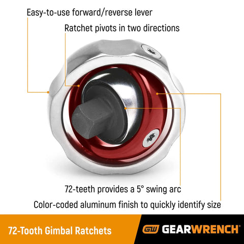Three Eighths Inch Drive 72 Tooth Gimbal Ratchet Built For Tight Spots With Five Degree Swing Arc And Anodized Aluminum Finish
