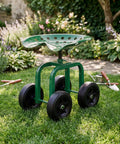 All Terrain Garden Cart With Swivel Seat Rolling Work Stool for yard and lawn with green finish and heavy-duty castors