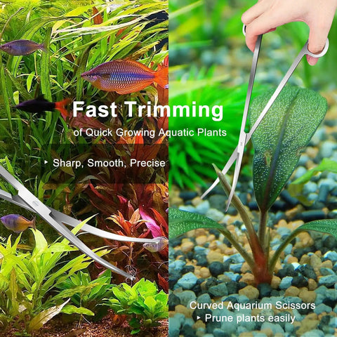 Pro Grade 4 Piece Aquascaping Tools Set For Planted Tanks includes curved plant scissors trimming aquatic plants in a tank.