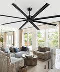 Beefy 96 Inch Industrial DC Motor Ceiling Fan With 8 Reversible Blades, 3 Downrods, 6 Speed Remote in a living room setting