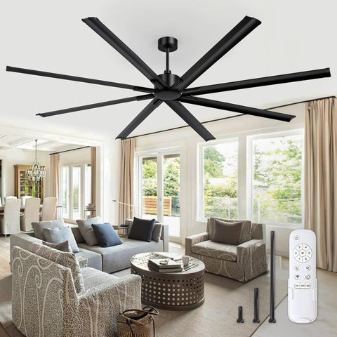 Beefy 96 Inch Industrial DC Motor Ceiling Fan With 8 Reversible Blades, 3 Downrods, 6 Speed Remote in a living room setting