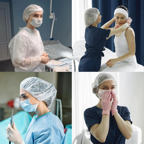 Individuals wearing Disposable Bouffant Hair Net for Food Service and Beauty, Latex Free, 24 Inch Cap in clean and medical settings.