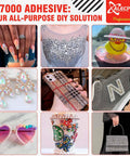 B-7000 adhesive used for rhinestone jewelry, decorated phone case, glitter shoes, and craft projects. All-Purpose Craft Glue for Jewelry Making and DIY Projects, Ultra Strong, Transparent Waterproof Adhesive for Rhinestones, Fabric, Clothes, Shoes, and Phone Repairs, 2 Pack 15ml.