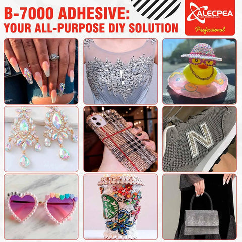 B-7000 adhesive used for rhinestone jewelry, decorated phone case, glitter shoes, and craft projects. All-Purpose Craft Glue for Jewelry Making and DIY Projects, Ultra Strong, Transparent Waterproof Adhesive for Rhinestones, Fabric, Clothes, Shoes, and Phone Repairs, 2 Pack 15ml.