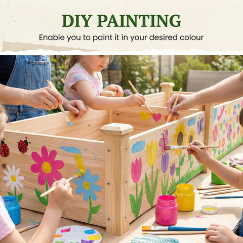 Children painting 8x2ft Outdoor Wooden Raised Garden Bed With Elevated Planter Box for Veggies and Herbs with colorful flowers.