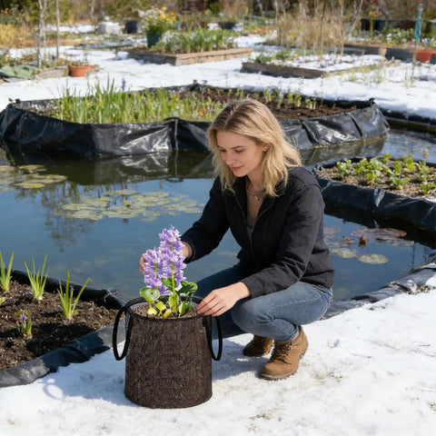 Woman using 4 Pack Aquarium Plant Baskets Mesh Water Planting Bags Foldable For Hydroponics And Pond Use by outdoor pond