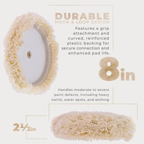 3 Pack 8 Inch 100 Percent Wool Buffing And Polishing Pad With Hook And Loop Backing, showing side profile and design features.